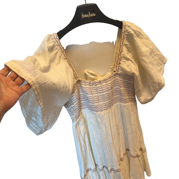 Babydoll Mini Dress Free People Smocked Puff Sleeve Square Neck S Boho Festival - Picture 7 of 11